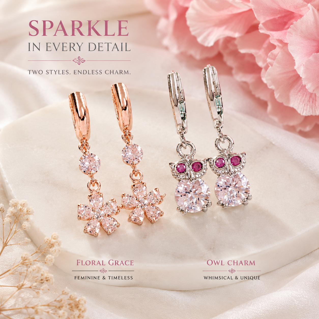 Rose Gold Floral Crystal Drop & Silver Owl Charm Hoop Earrings Combo Set for Women | CZ Designer Dangle Earrings (2 Pairs)