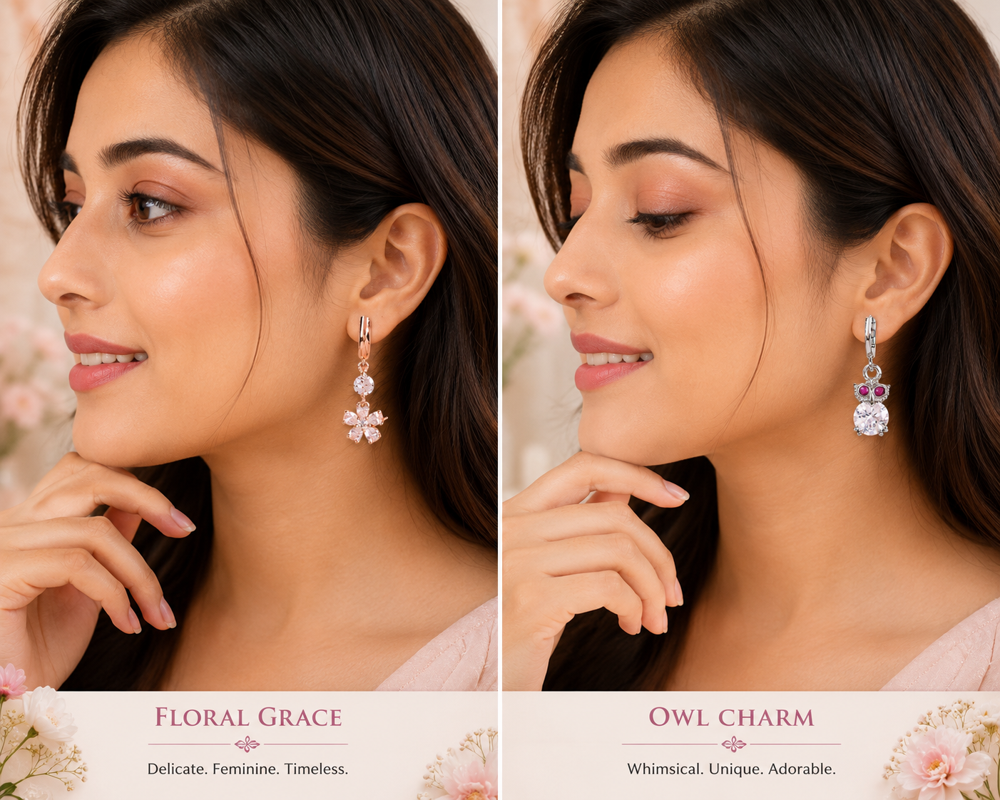 Rose Gold Floral Crystal Drop & Silver Owl Charm Hoop Earrings Combo Set for Women | CZ Designer Dangle Earrings (2 Pairs)