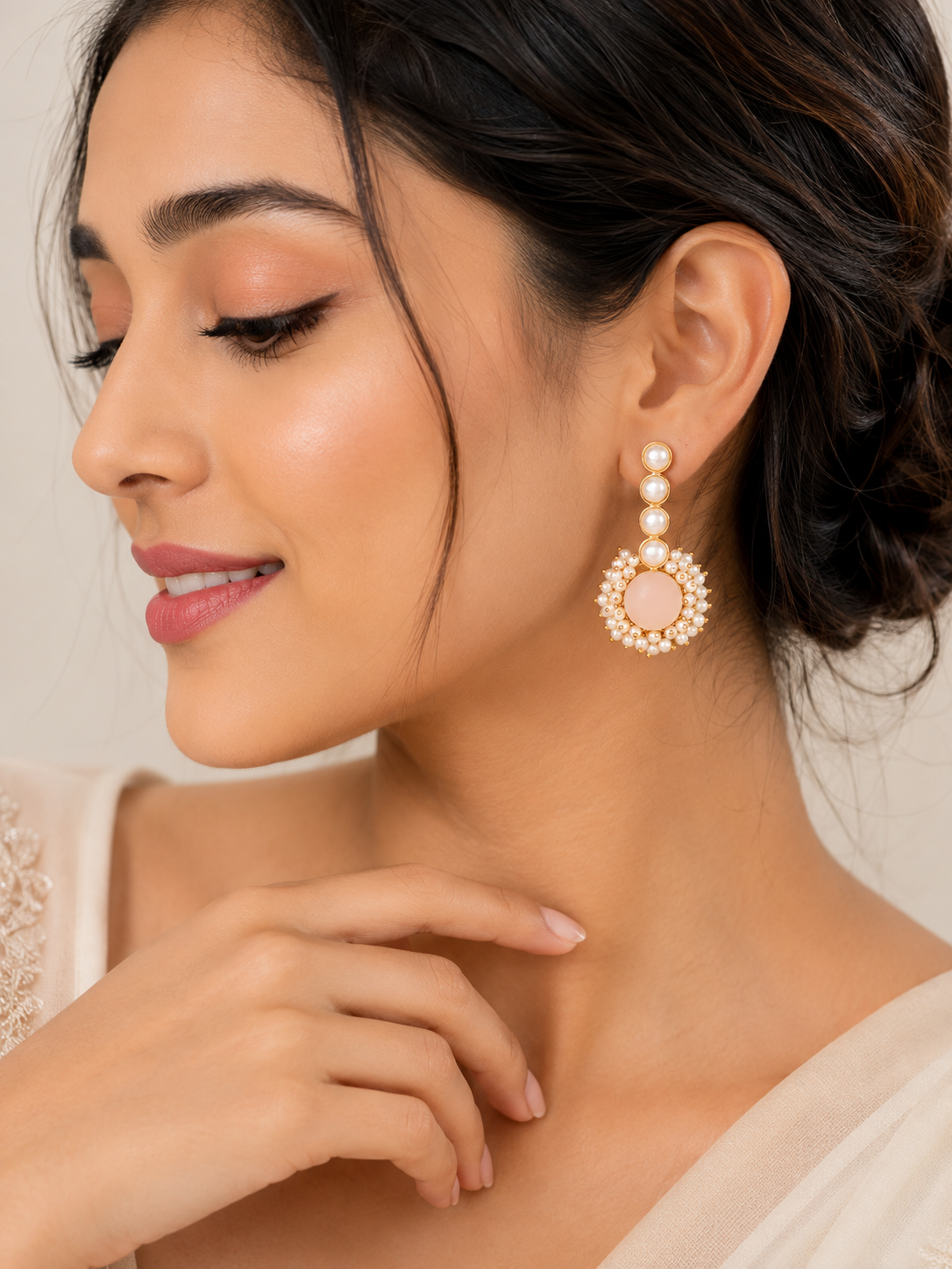 vGold-Plated Pearl Drop Statement Earrings for Women | Elegant Beaded Circular Dangle Earrings | Party & Ethnic Wear