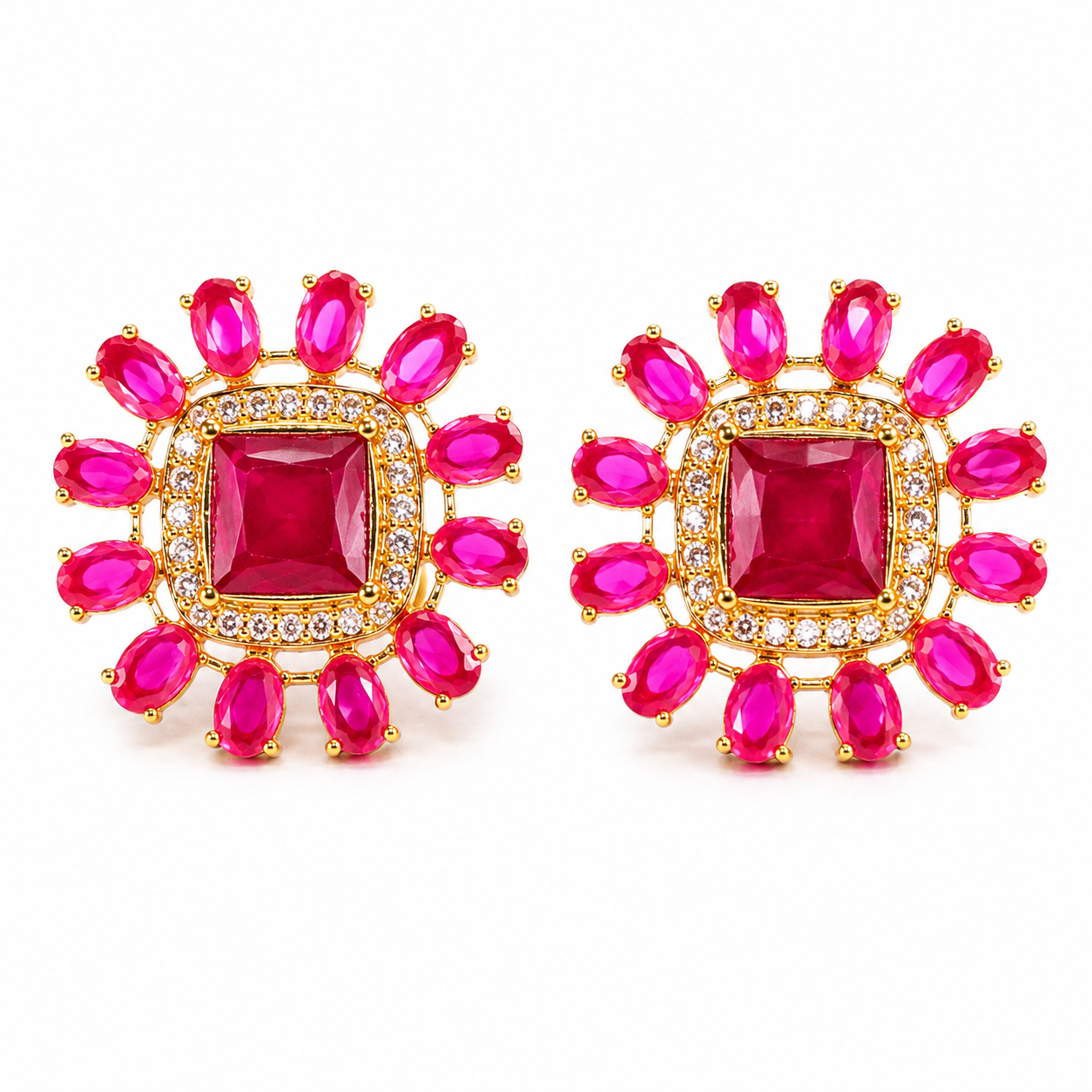 Gold-Plated Ruby Pink Floral Stud Earrings for Women | Premium Crystal Designer Party Wear Earrings