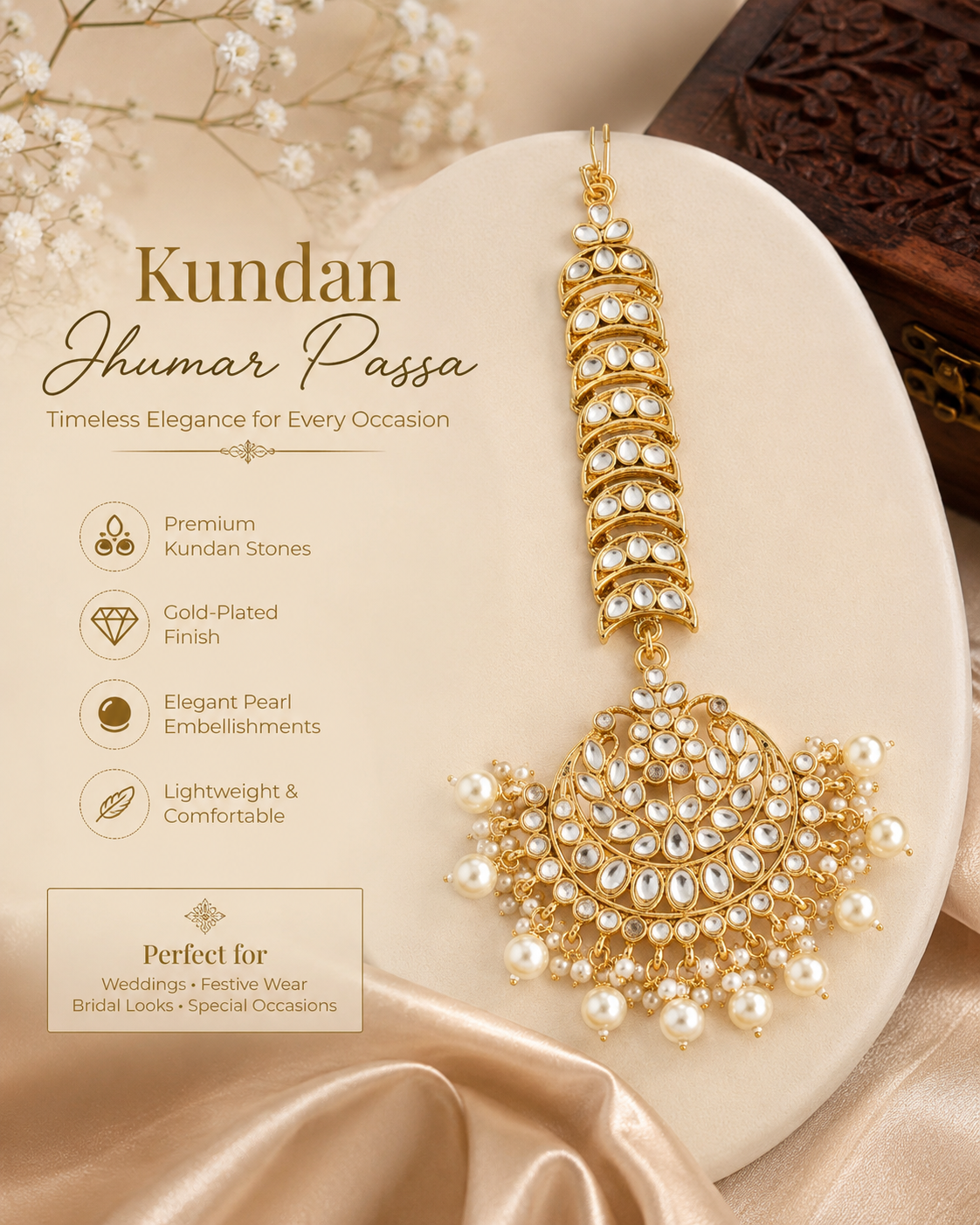 Gold-Plated Kundan & Pearl Crescent Chandbali Jhumar Passa for Women