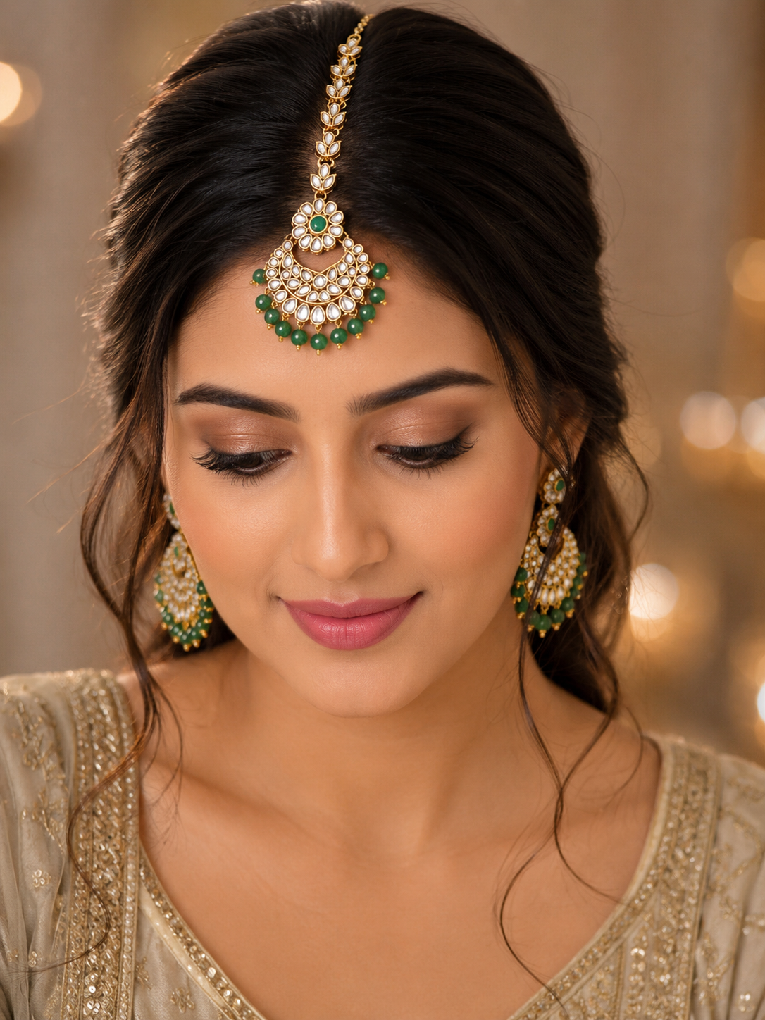 Gold-Plated Green Kundan-Studded & Pearl Beaded Handcrafted Maang Tikka