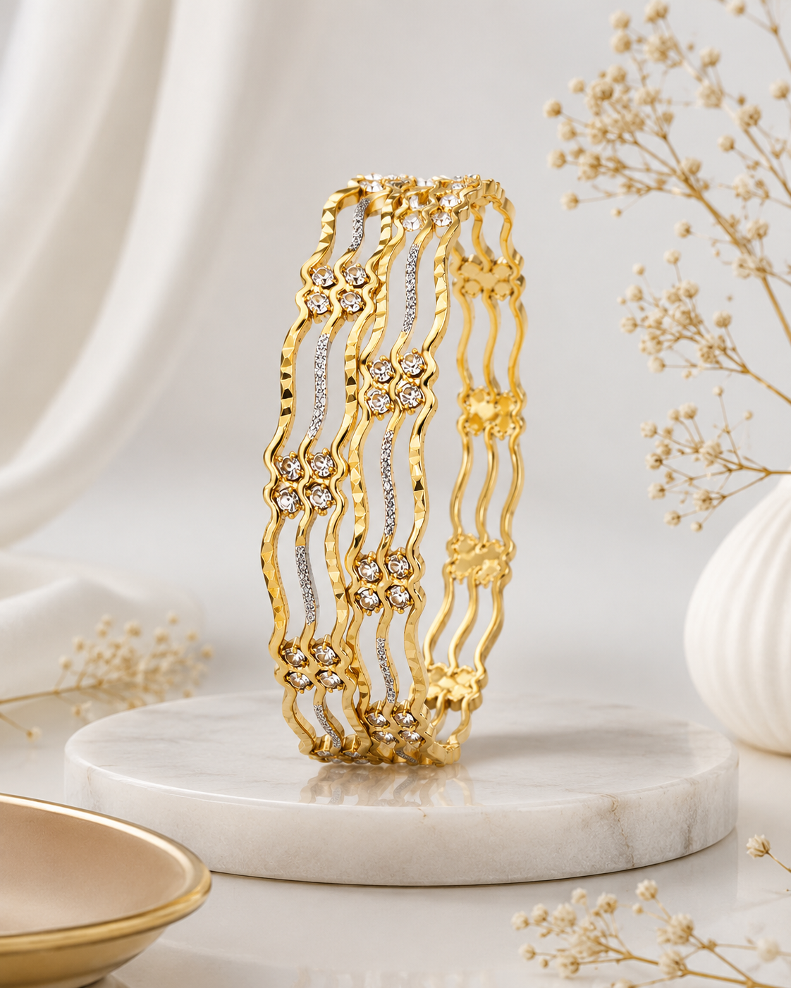 Gold-Plated Crystal Studded Wavy Bangles Set for Women