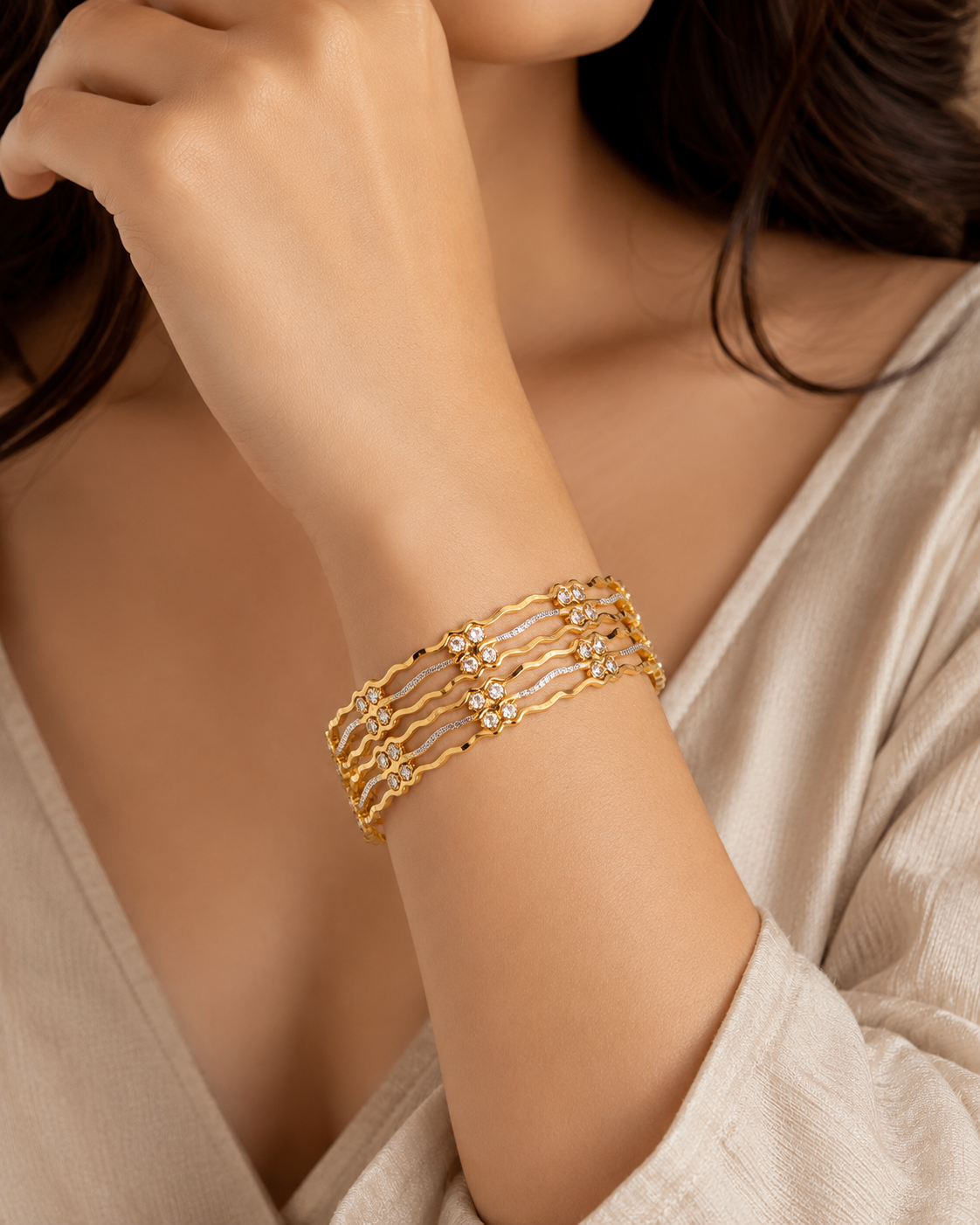 Gold-Plated Crystal Studded Wavy Bangles Set for Women