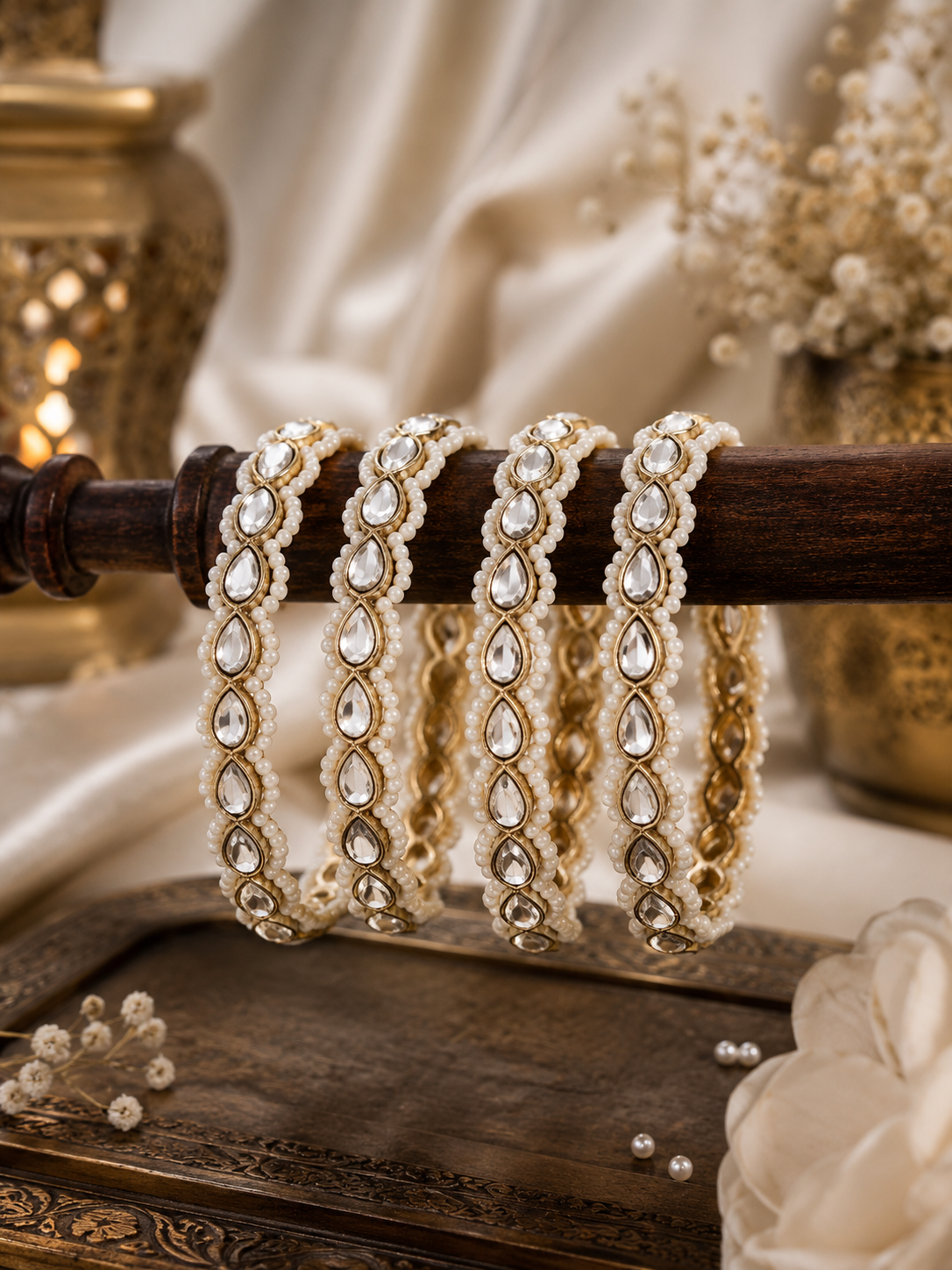 Set Of 4 22Kt Gold-Plated Kundan-Studded & Beaded Bangles