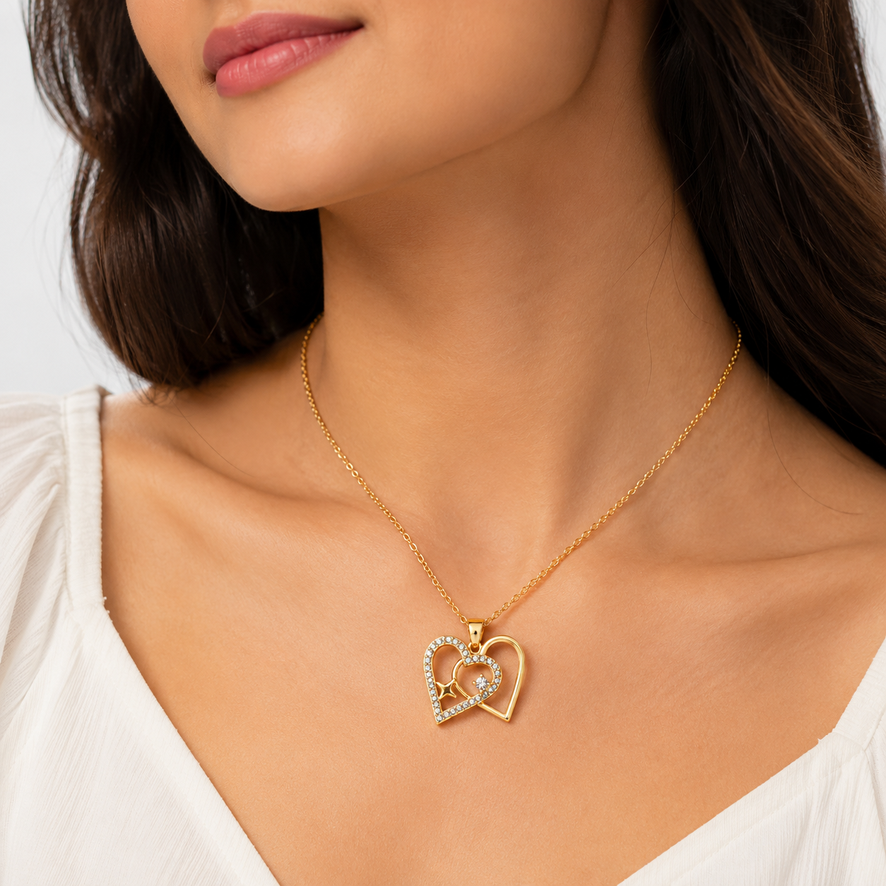 Women’s Double Heart Pendant Necklace | Gold-Plated Crystal Heart Chain | Anti-Tarnish Fashion Jewelry