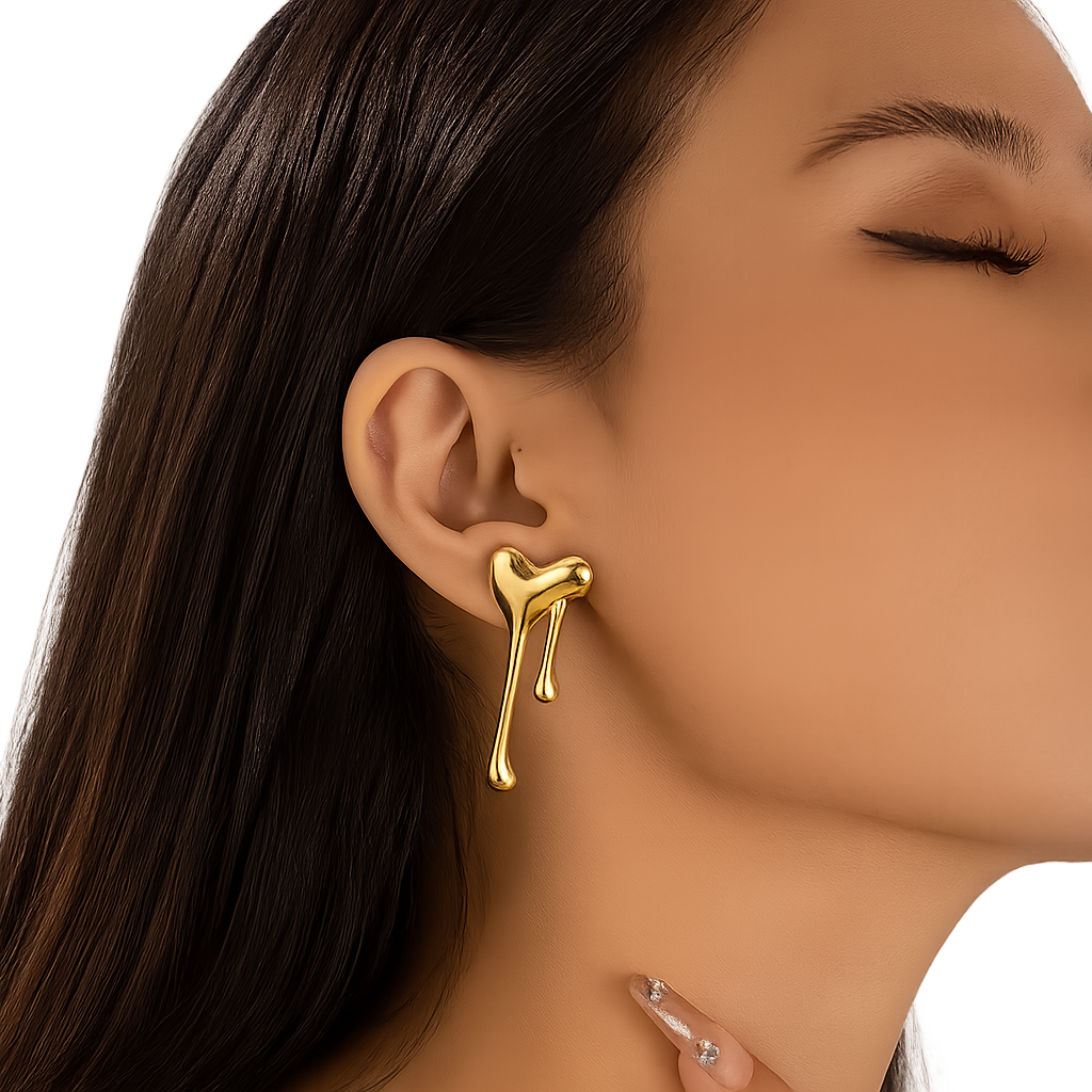 1 Pair of Stylish Stainless Steel Plated Gold love Liquid Earrings
