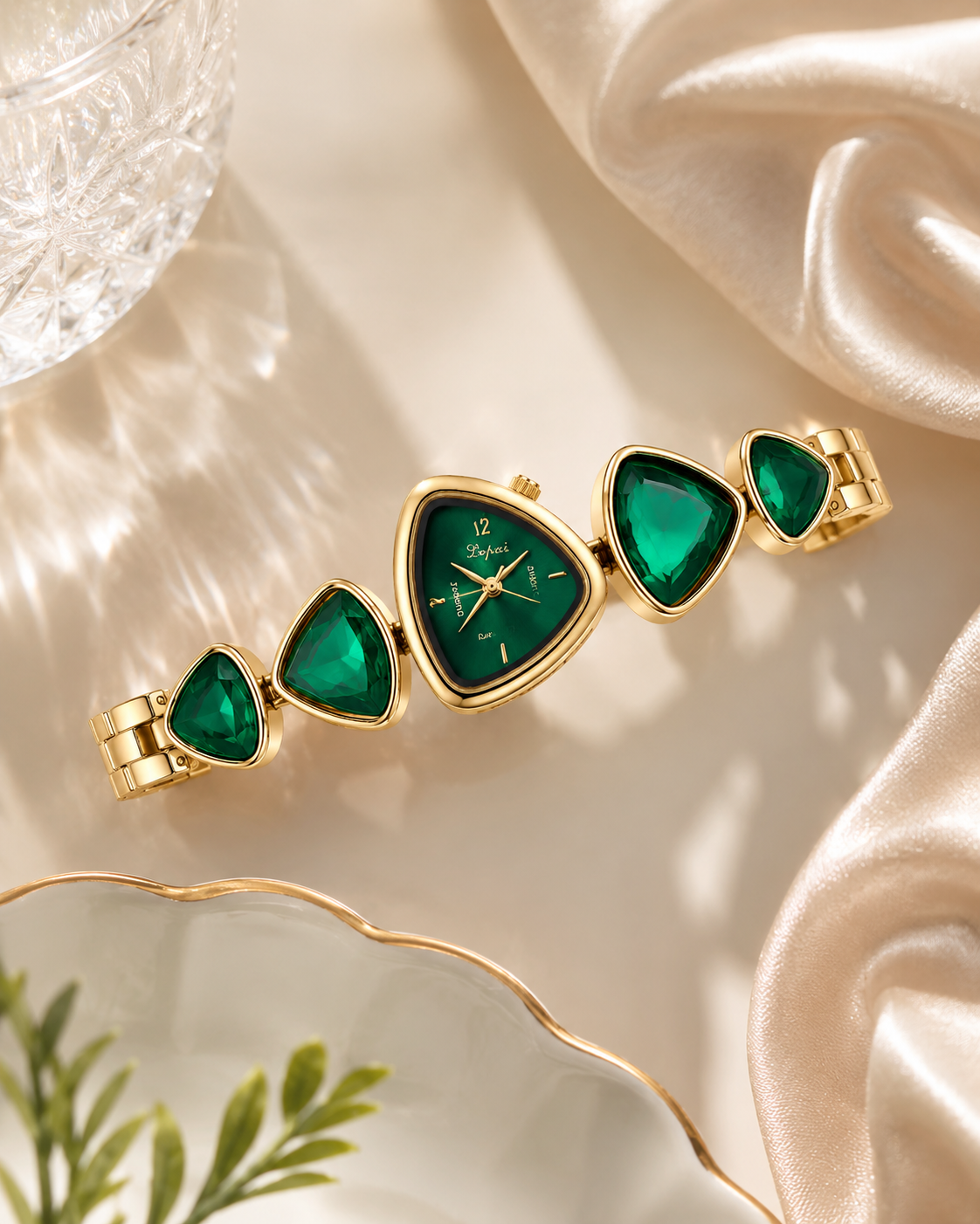 Triangle Dial Faceted Imitation Diamonds Emerald Decorated Link Watch Bracelet