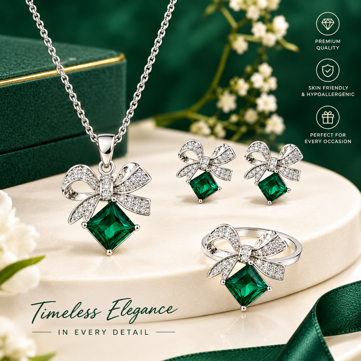 Green Bow Pendant Jewellery Set-WJ-JS26-NL0186