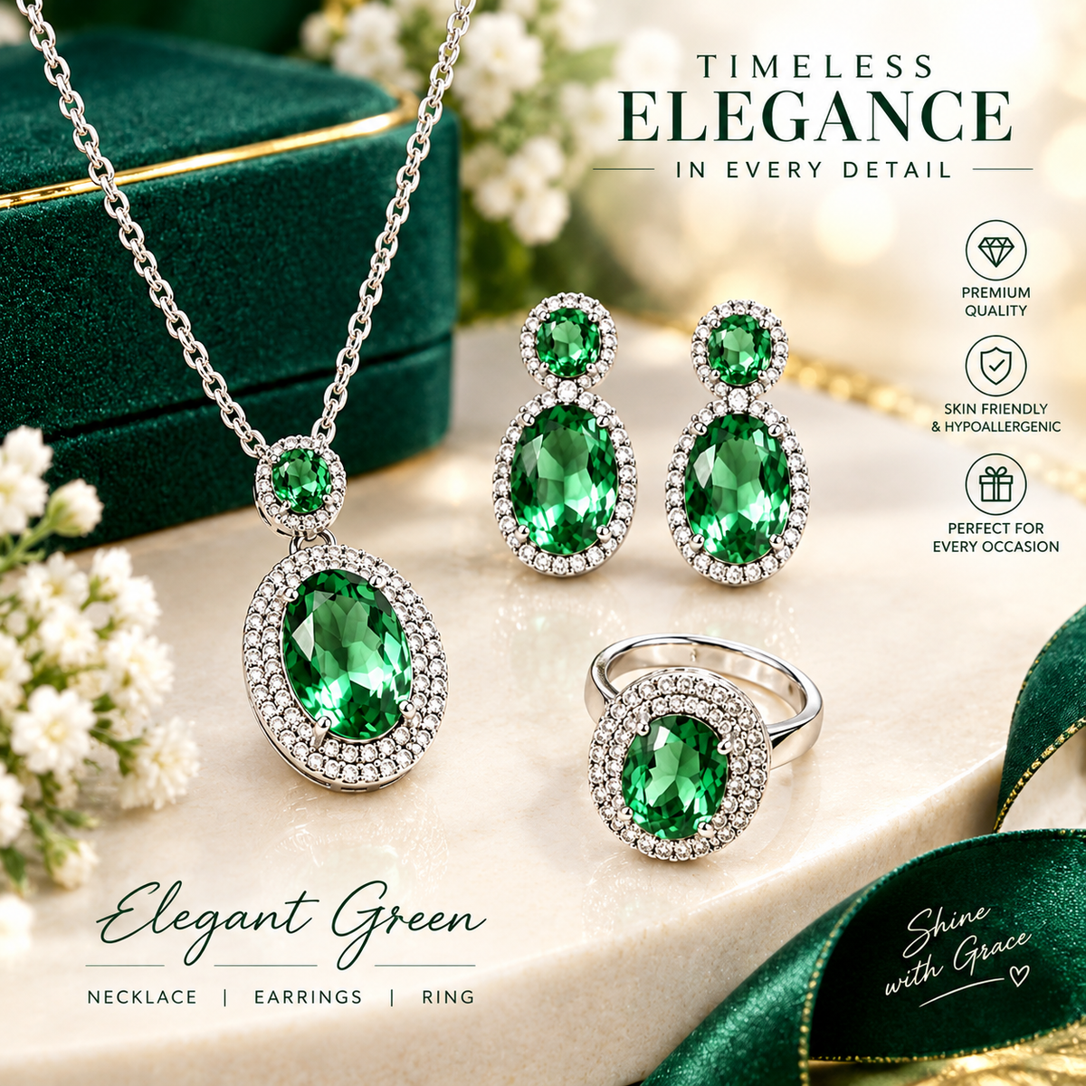 Emerald Green American Diamond Jewellery Set-WJ-JS26-NL0185
