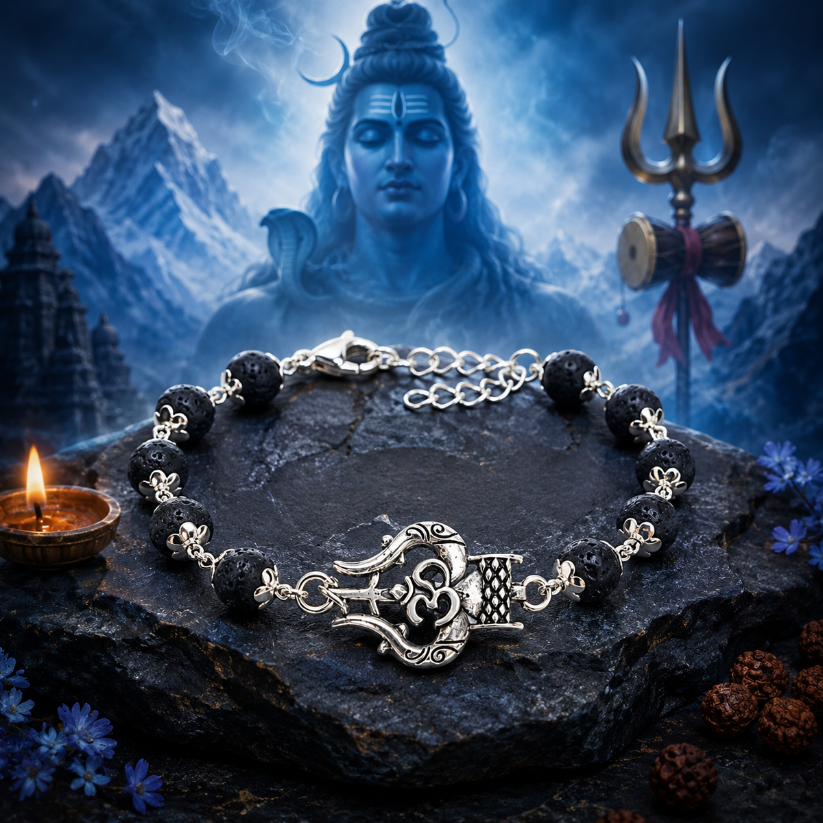 Silver-Toned Om Trishul Black Beaded Spiritual Bracelet for Men-JS-SBR-029