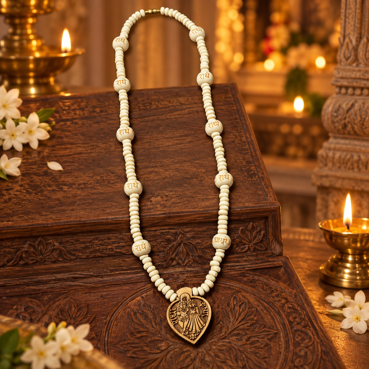 Radha Krishna Tulsi Bead Mala with Wooden Pendant-JS-SNL-032