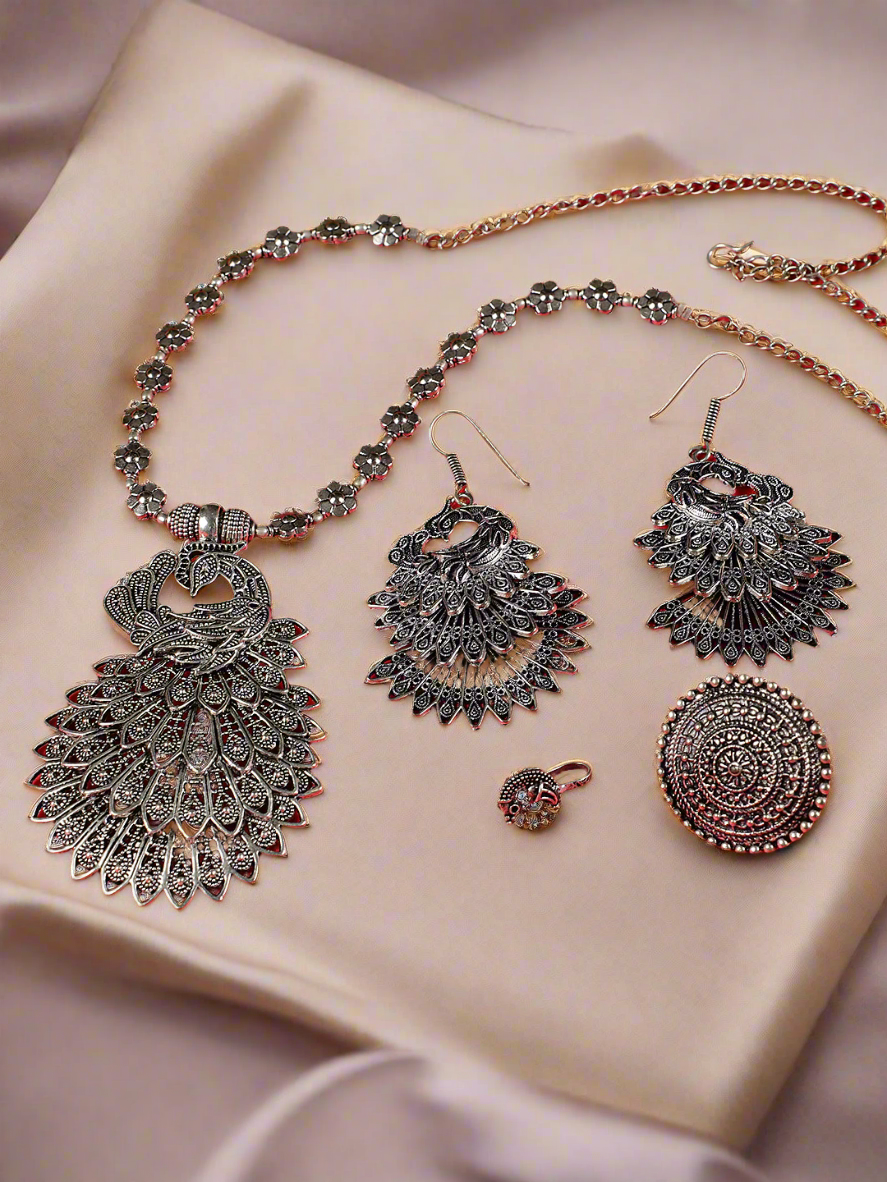 German Silver Oxidised Peacock Jewellery Set With Ring And Nosepin