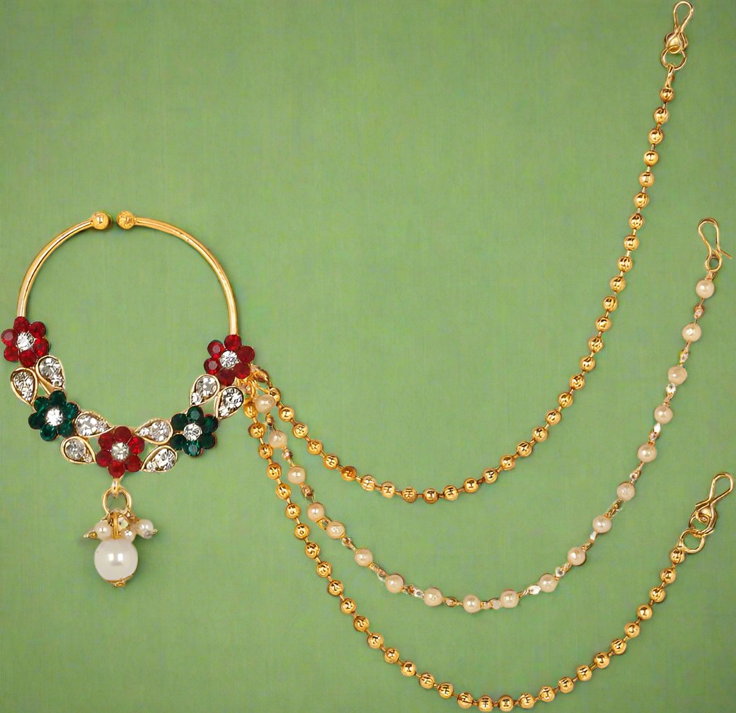Jazz And Sizzle Traditional Gold Plated Nose Ring/Nath with 3 Layer Pearl Chain