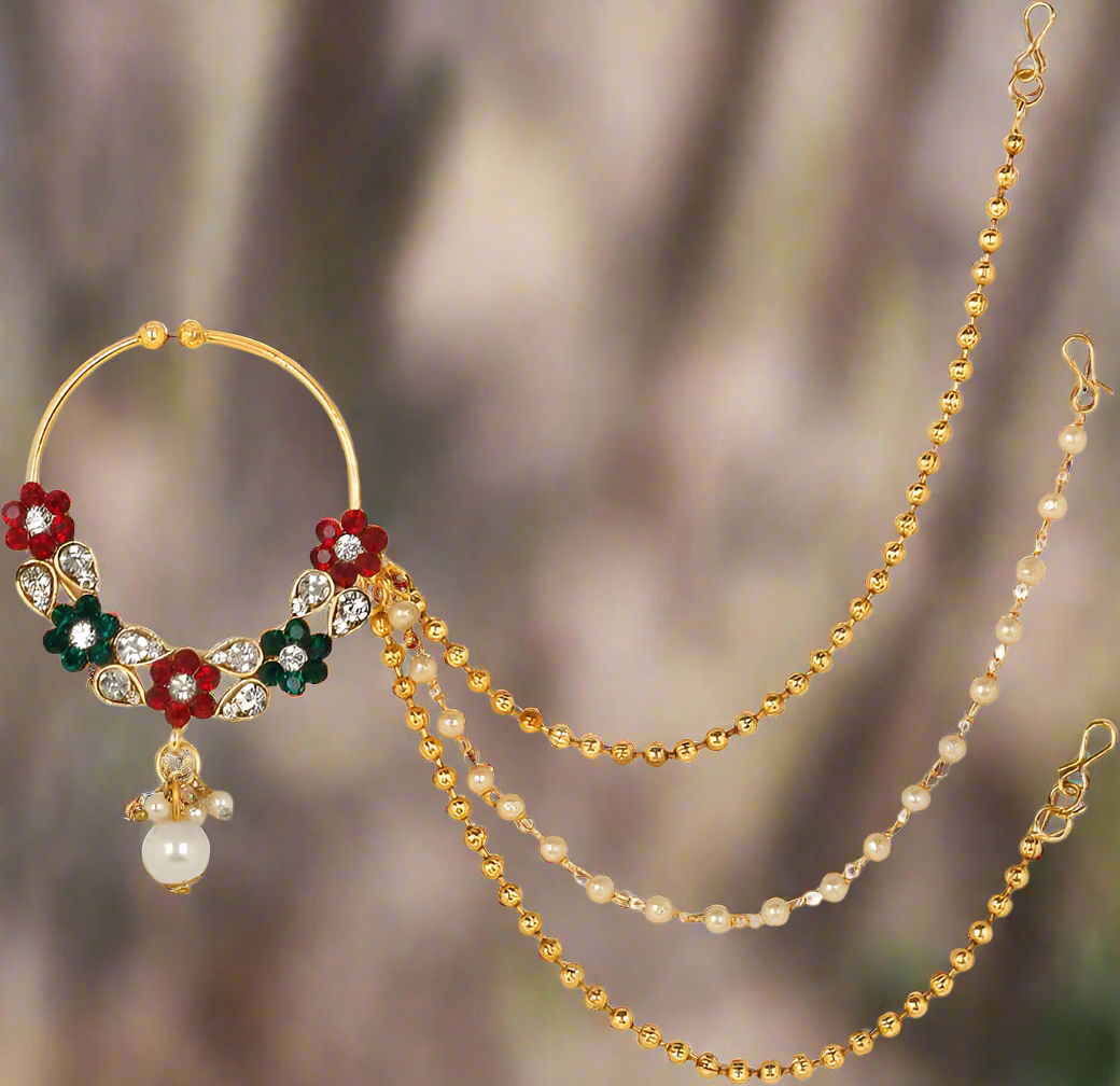 Jazz And Sizzle Traditional Gold Plated Nose Ring/Nath with 3 Layer Pearl Chain
