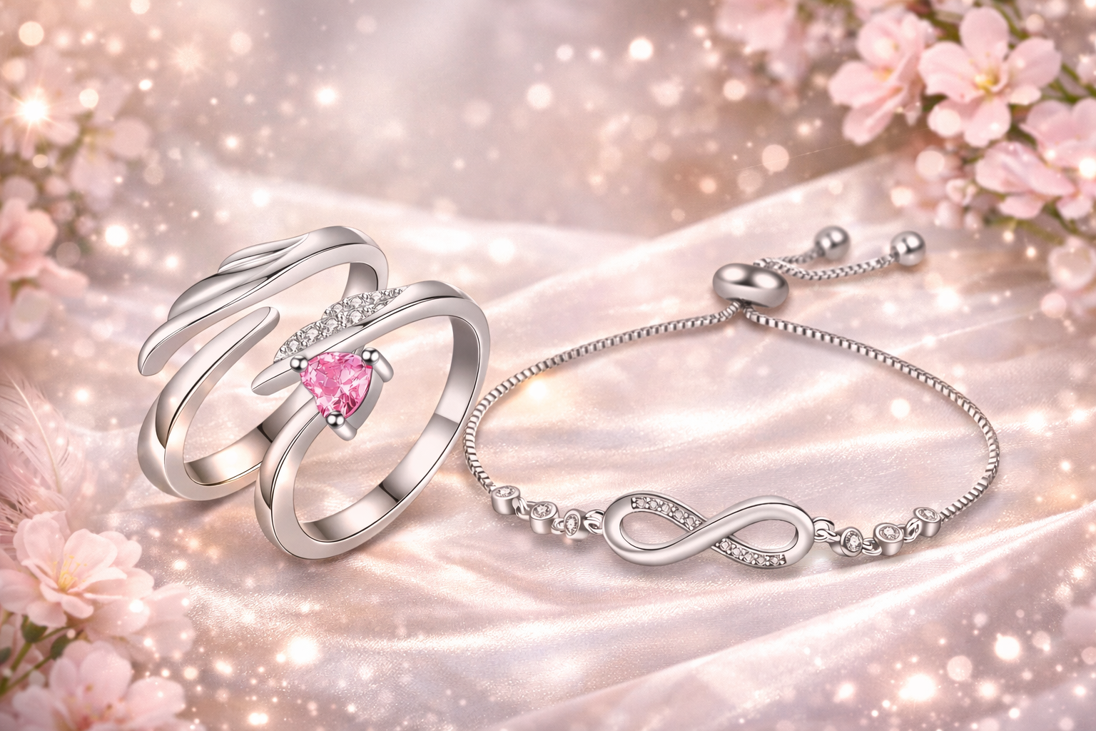 Silver Infinity Bracelet & Pink Heart Ring Combo Set for Women