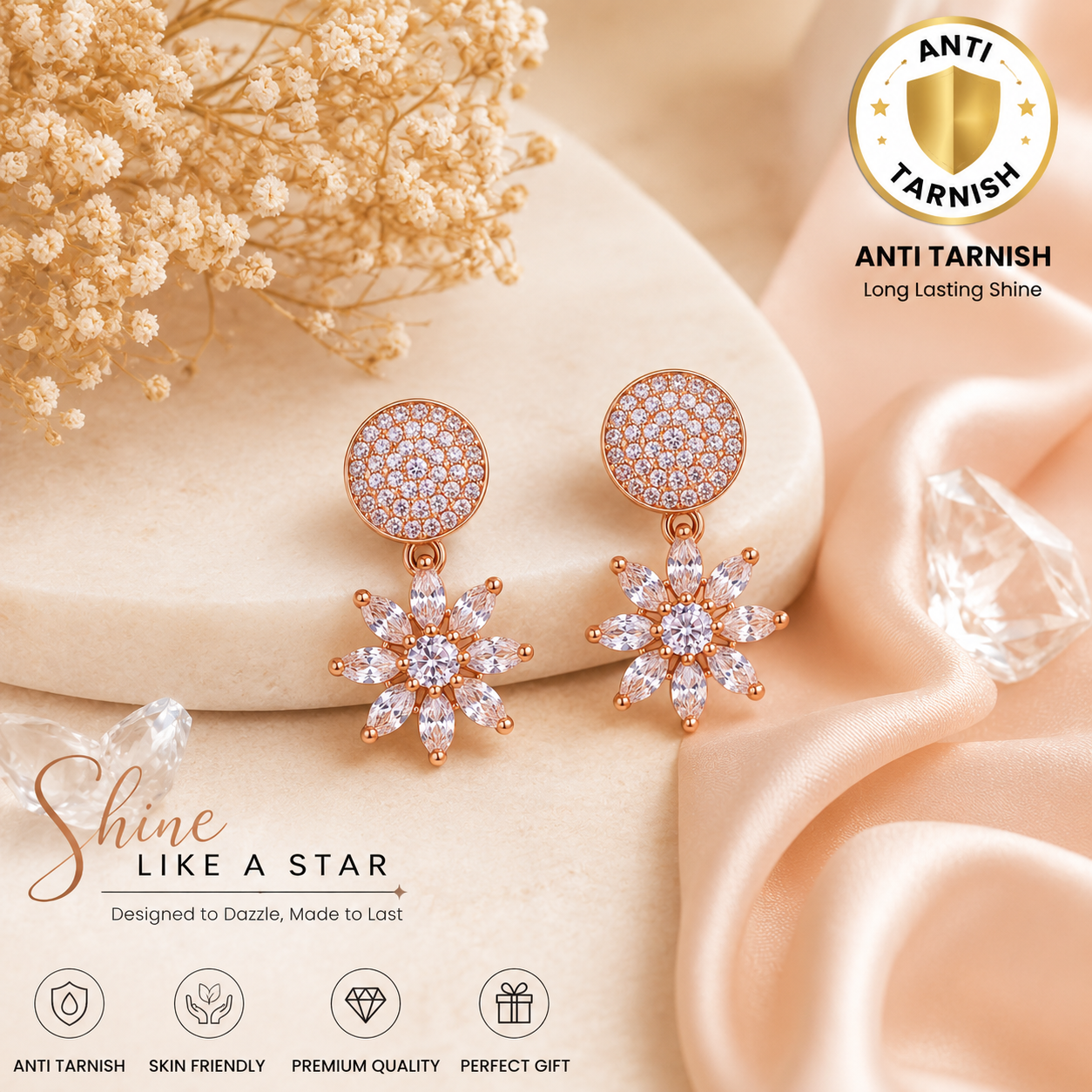 Rose Gold Crystal Bloom Drop Earrings