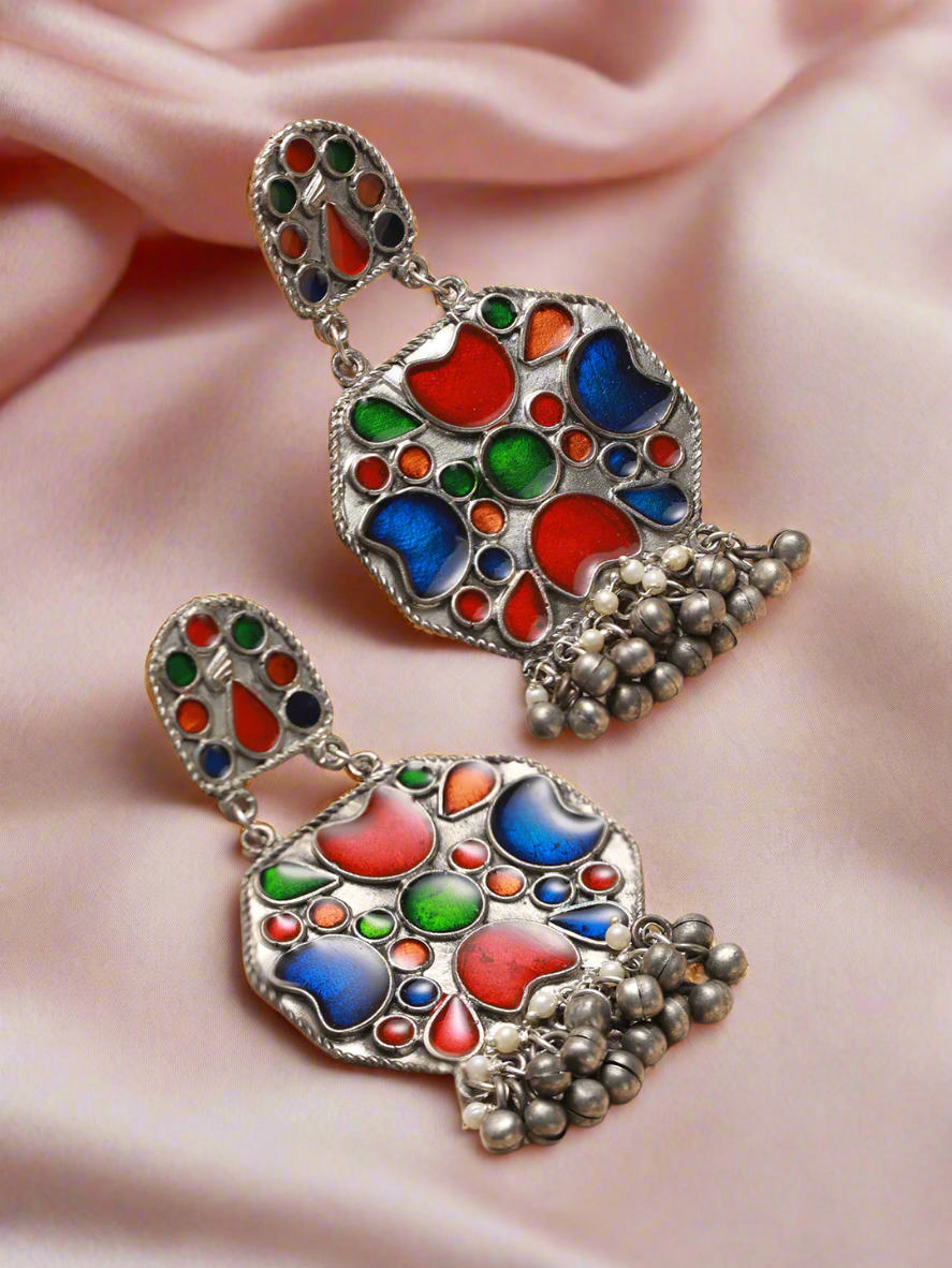 Oxidized Silver-Toned Multicoloured Enamelled Comtemporary Drop Earrings