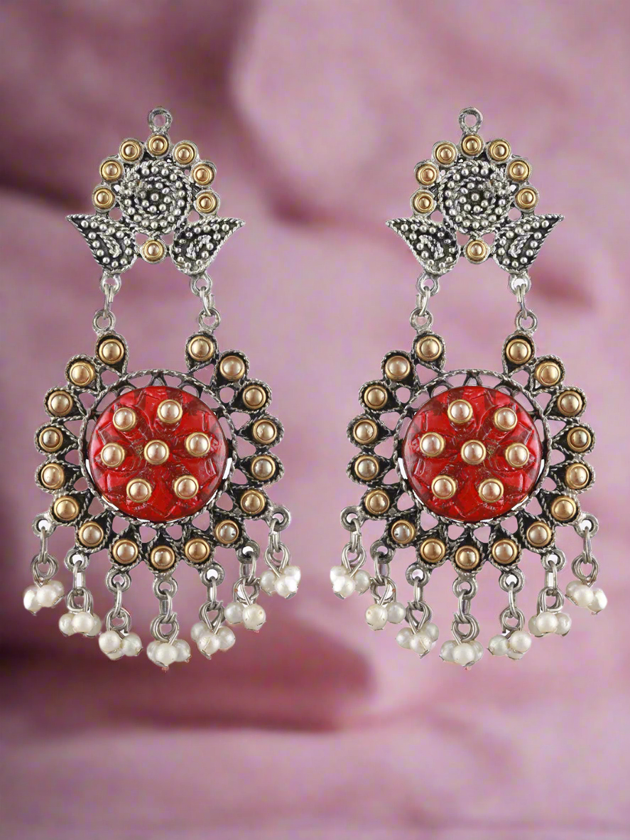 Dual Toned White Kundan Studded & Pearl Beaded Orange Drop Earrings