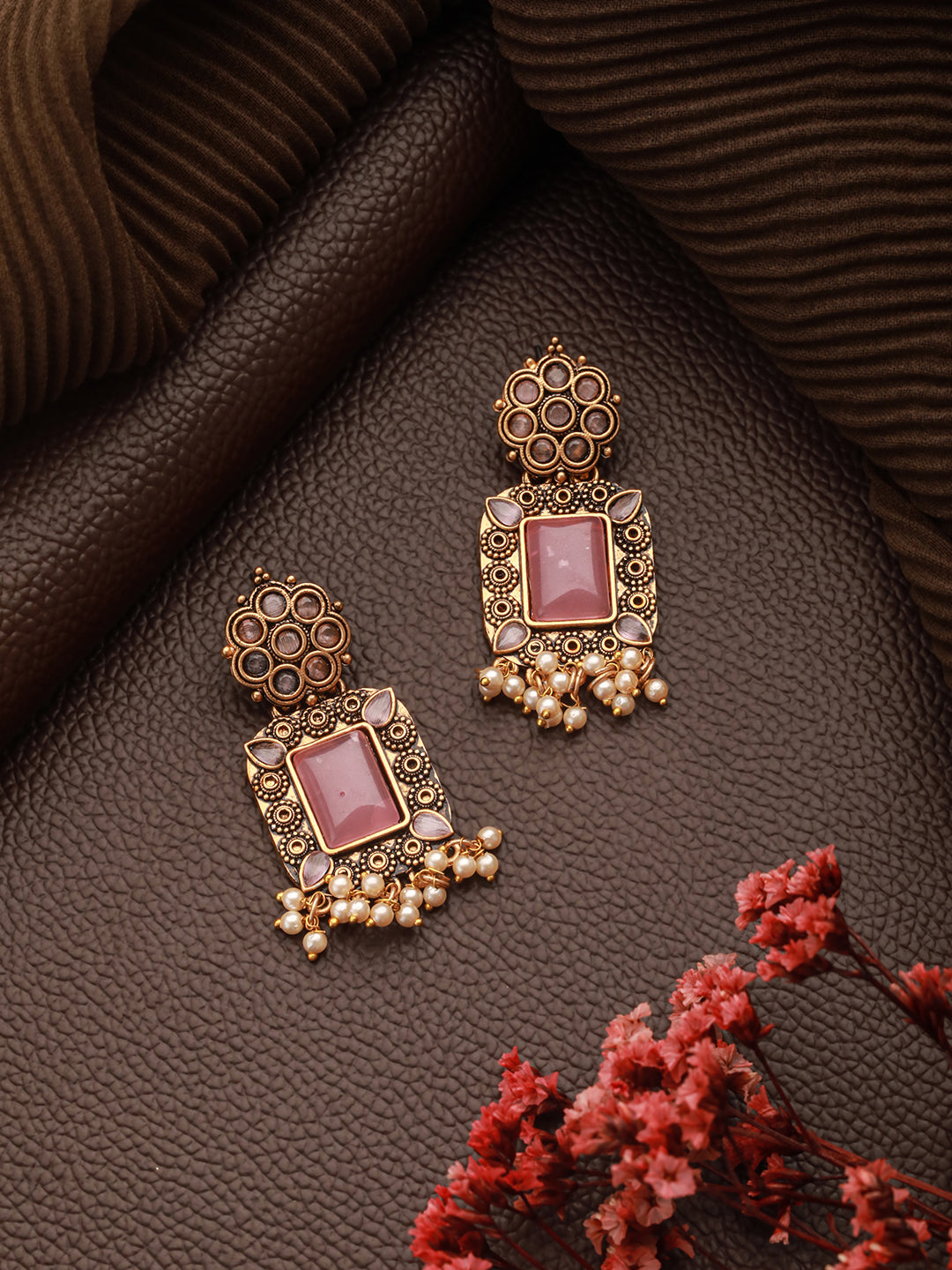 Jazz and Sizzle Gold-Plated Pink Stones-Studded & Beaded Drop Earrings