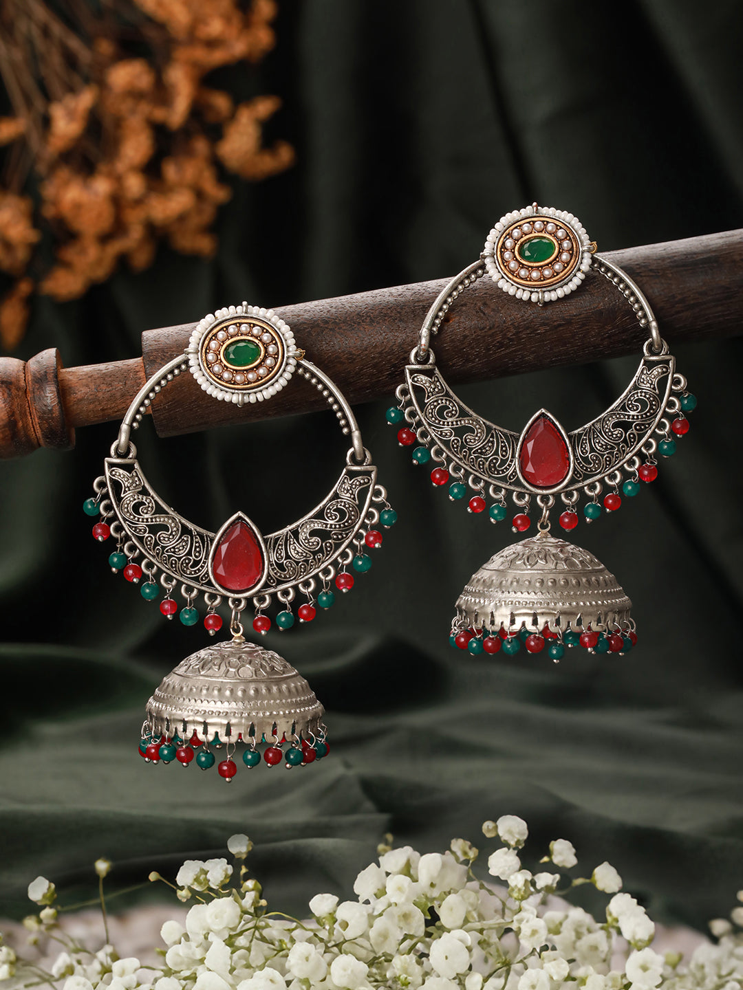 Jazz and Sizzle Silver-Plated Stone Studded Contemporary Jhumka Earrings