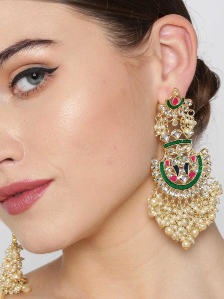 Jazz And Sizzle Gold Plated Kundan Studded Off-White Beaded Multicolor Drop Earrings