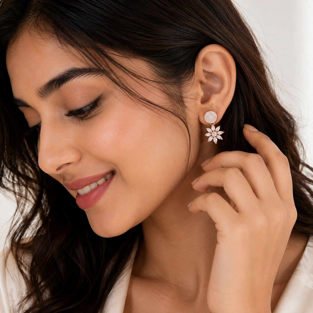 Rose Gold Crystal Bloom Drop Earrings