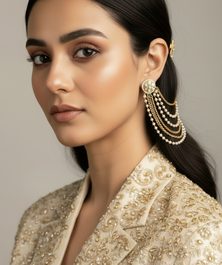 Jazz And Sizzle Gold Plated Artificial Stone Studded & Beaded Layered Ear Chain/ Kaan Chain