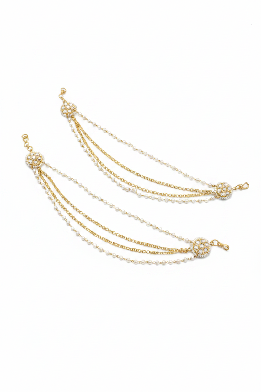 Jazz And Sizzle Gold Plated Artificial Stone Studded & Beaded Layered Ear Chain/ Kaan Chain