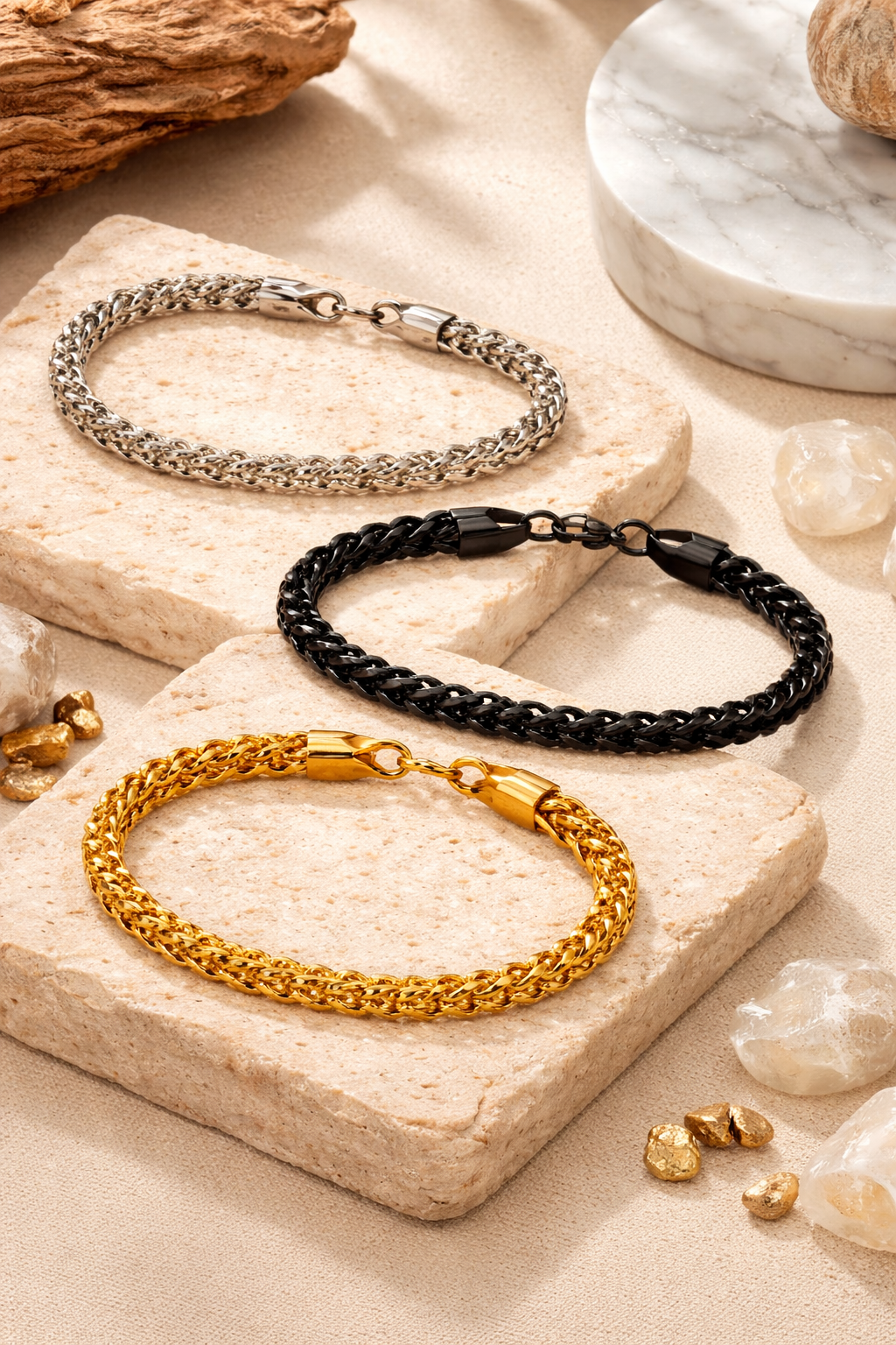 Jazz And Sizzle Set Of 3 Gold, Black & Silver Plated Men’s Premium Stainless Steel Chain Link Bracelet Combo
