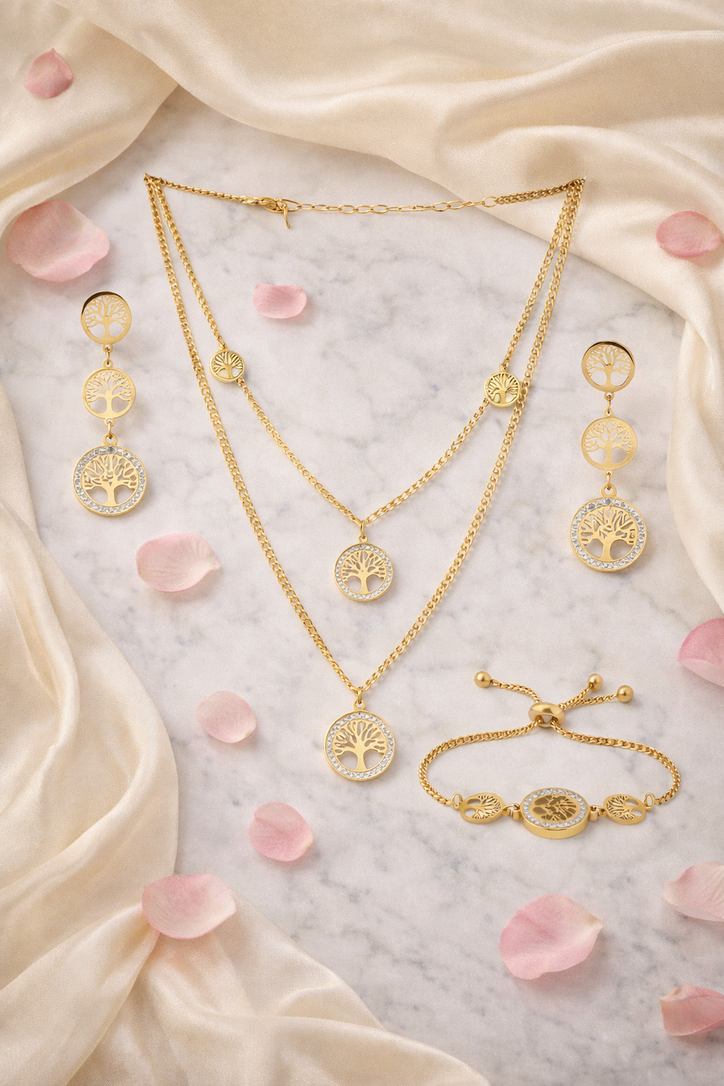 Jazz and Sizzle Gold Finish Tree of Life Combo Set – Necklace, Earrings & Bracelet