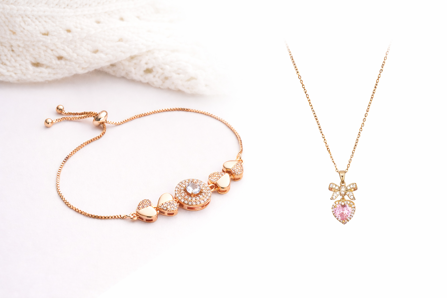 Jazz & Sizzle Rose Gold Bow Heart Pendant Necklace with Pink Crystal