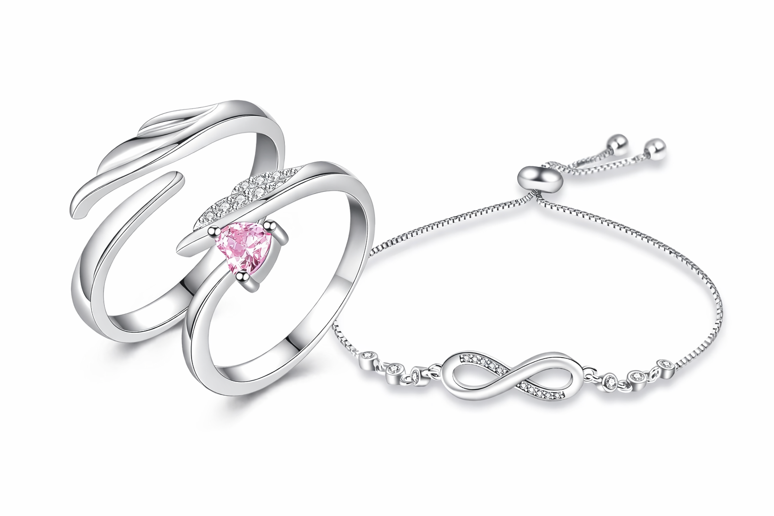 Silver Infinity Bracelet & Pink Heart Ring Combo Set for Women
