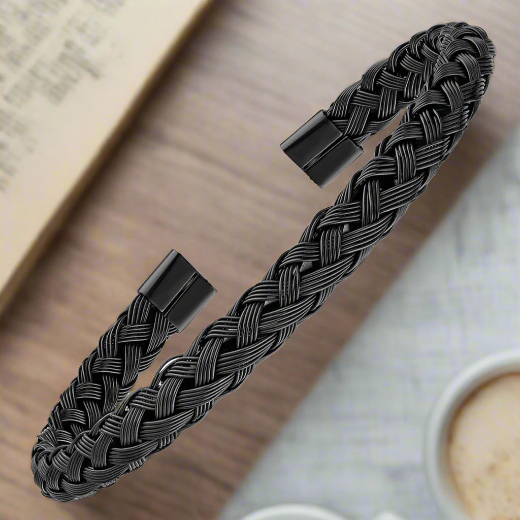 Jazz and Sizzle Set Of 2 Mens Black Plated Textured & Silver Plated Cuff Bracelet Combo