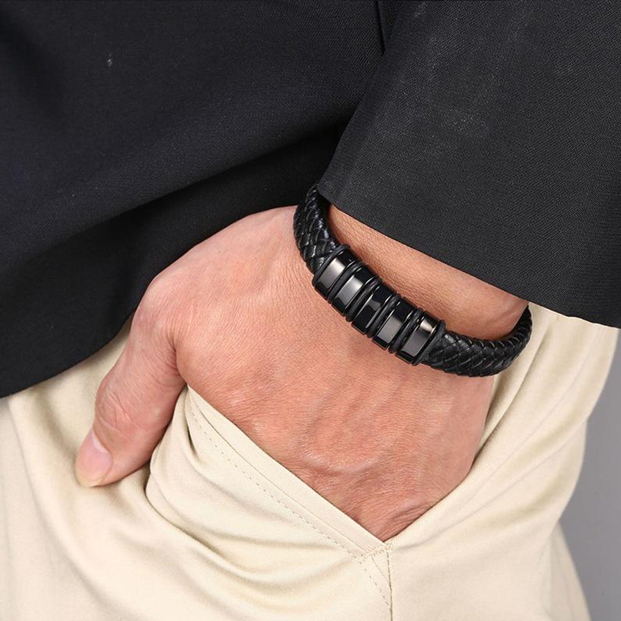 Jazz and Sizzle Men Leather Black-Plated Wraparound Bracelet