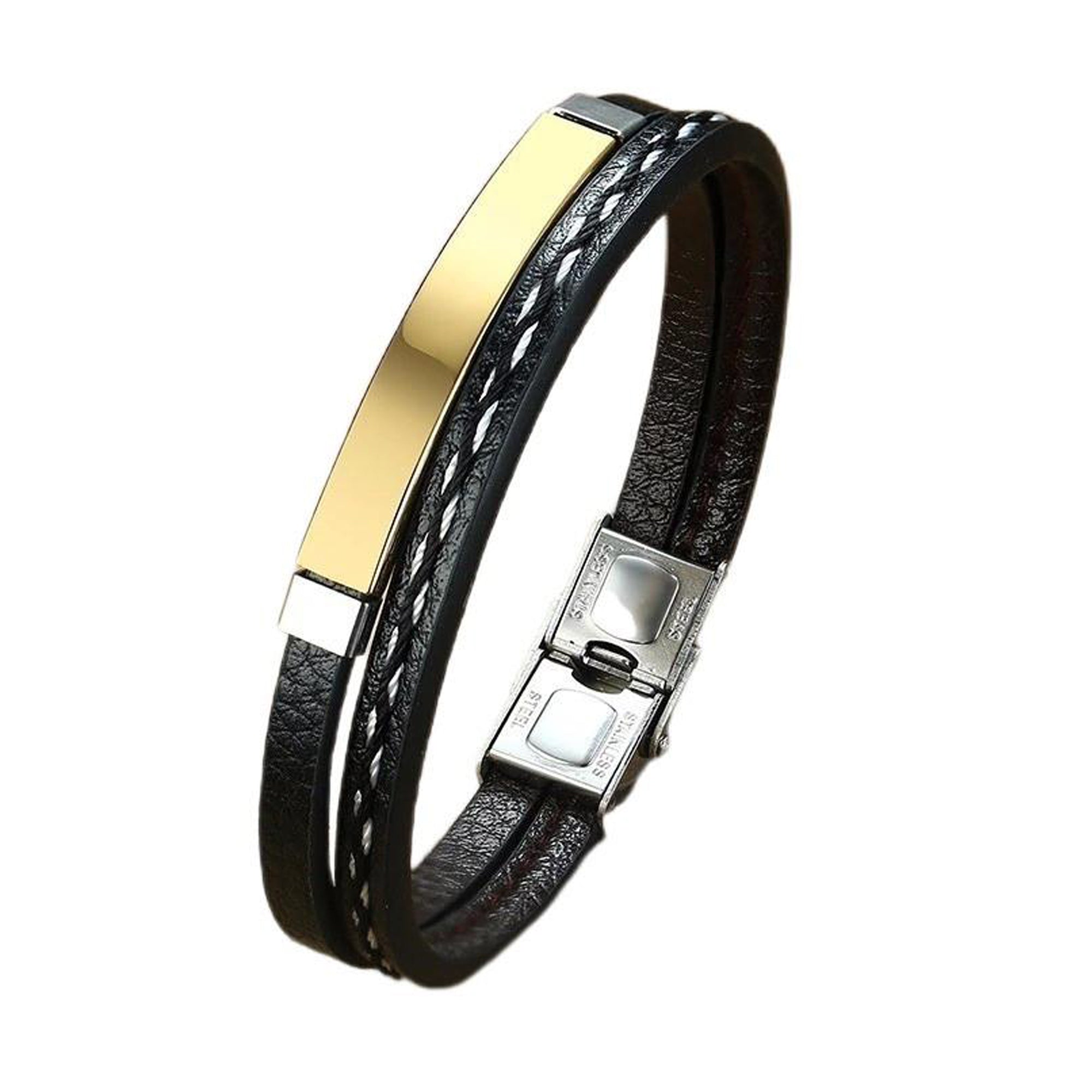 Jazz and Sizzle Men Leather Gold-Plated Kada Bracelet