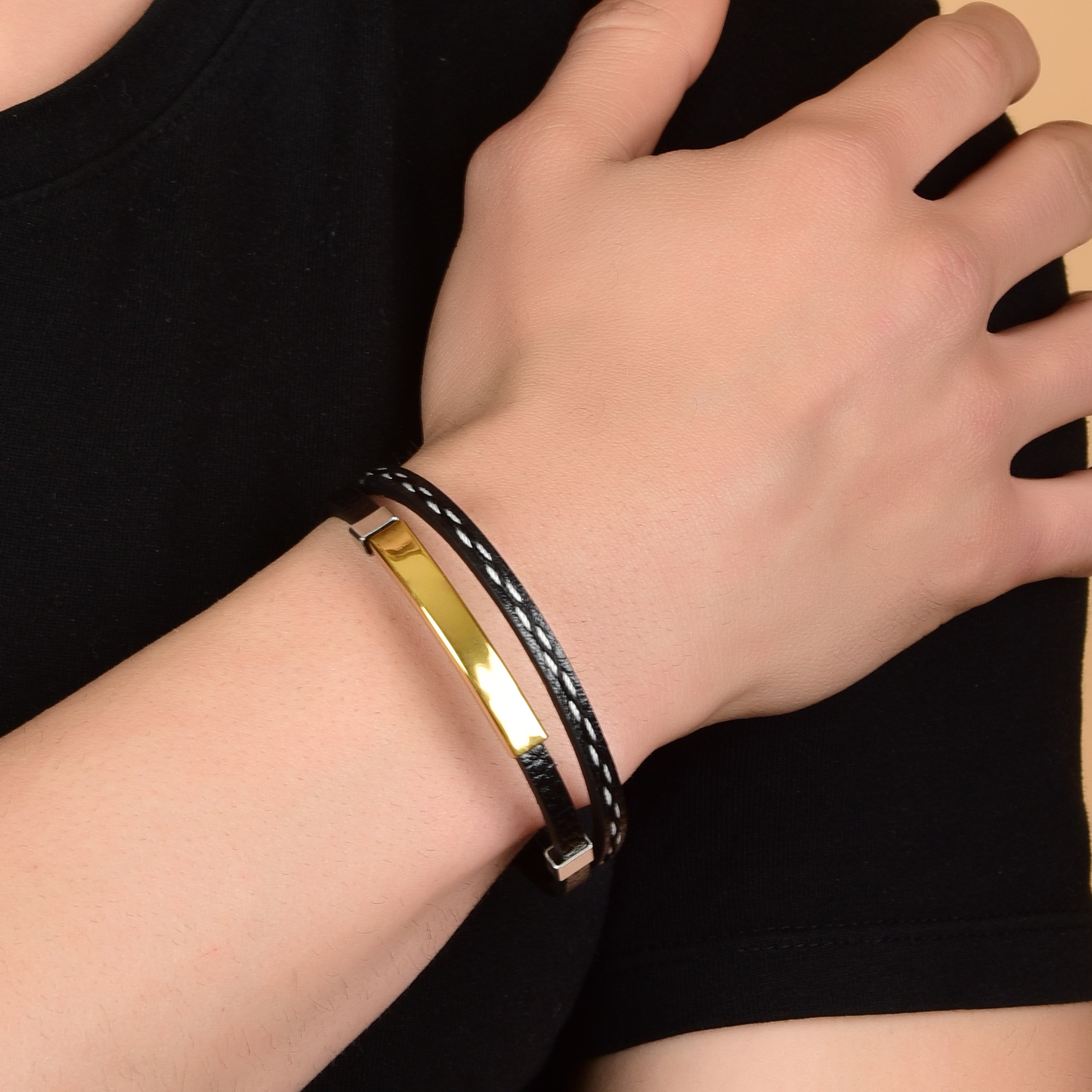 Jazz and Sizzle Men Leather Gold-Plated Kada Bracelet