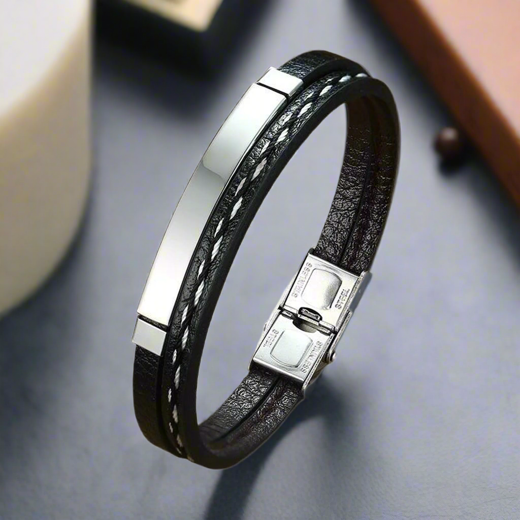 Jazz and Sizzle Men Leather Silver-Plated Kada Bracelet