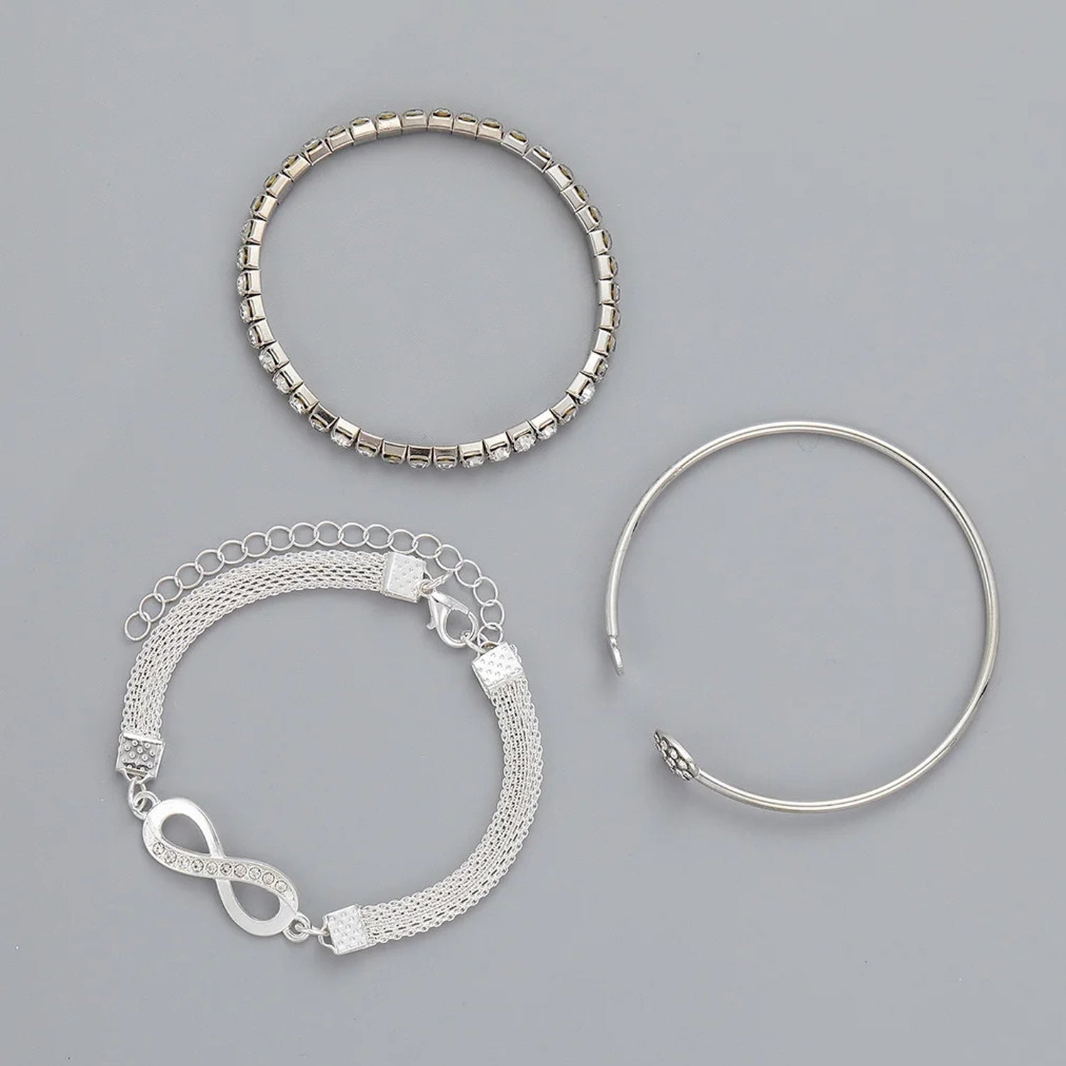 Jazz And Sizzle Set of 3 Silver Plated CZ Studded Infinity & Heart Shaped Stacking Bracelet for Valentines Gift