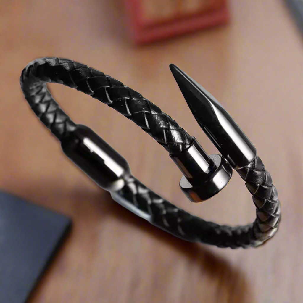 Jazz and Sizzle Men Black & Silver-Toned Oxidized Bangle-Style Bracelet and Black Leather Cuff Bracelet Combo