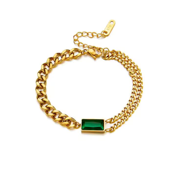Jazz And Sizzle Gold Plated Green Stone Studded Stainless Steel Chain Bracelet
