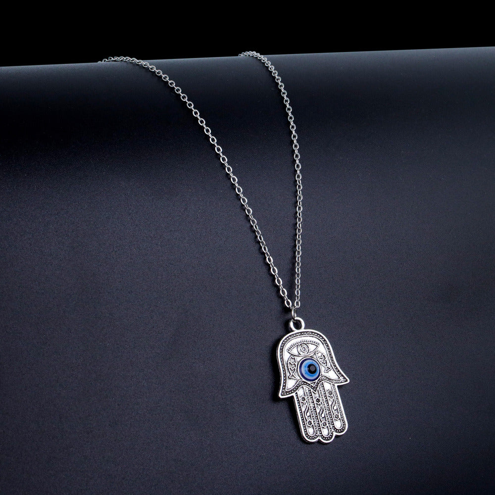 Jazz And Sizzle Silver Plated Hamza Evil Eye Pendant Chain Necklace for Him & Her