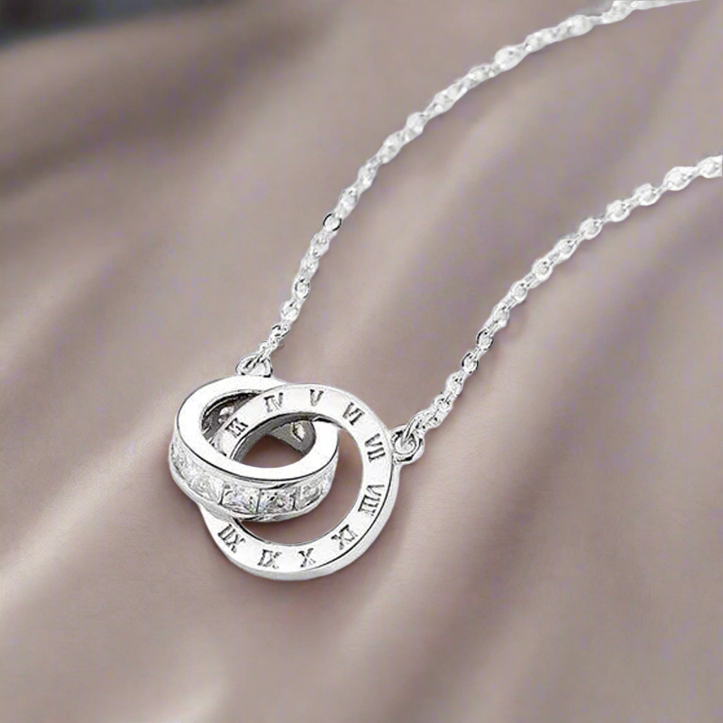 Jazz And Sizzle Silver Plated & Cubic Zirconia Interlocked Ring Design Pendant Chain Necklace for Valentines Gift