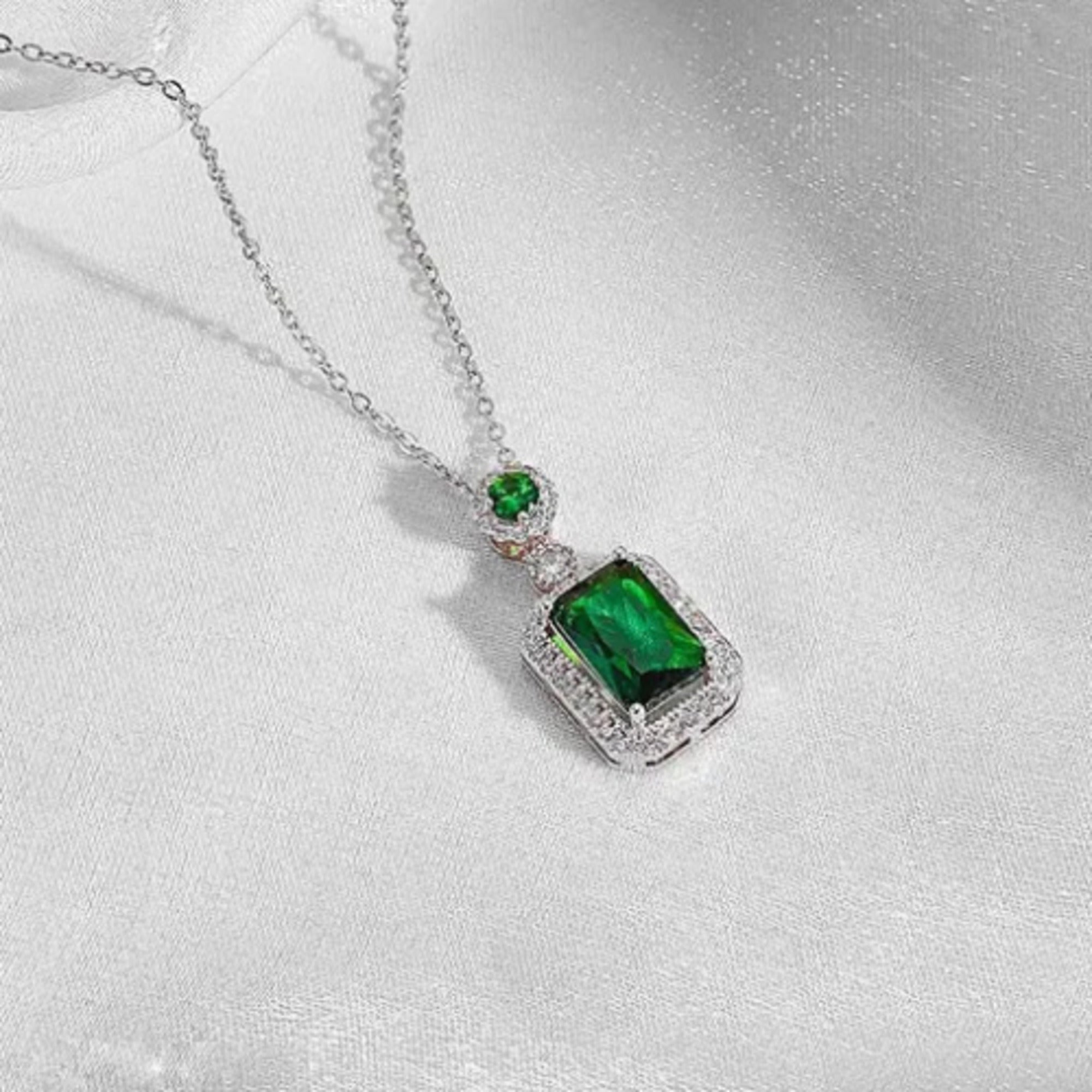 Jazz And Sizzle Silver Plated Emarald Stone with Cubic Zirconia Interlocked Pendant Chain Necklace for Valentines Gift