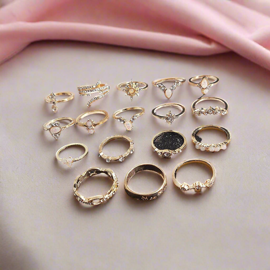 Jazz And Sizzle Set of 17 Gold Plated Stacking Rings for Valentines Gift