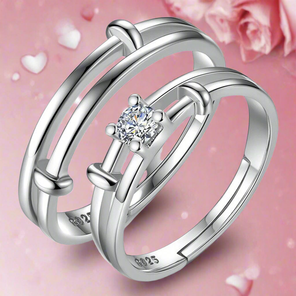 Jazz And Sizzle Set of 2 Silver Plated AD Studded Adjustable Couple Ring for Valentines Gift