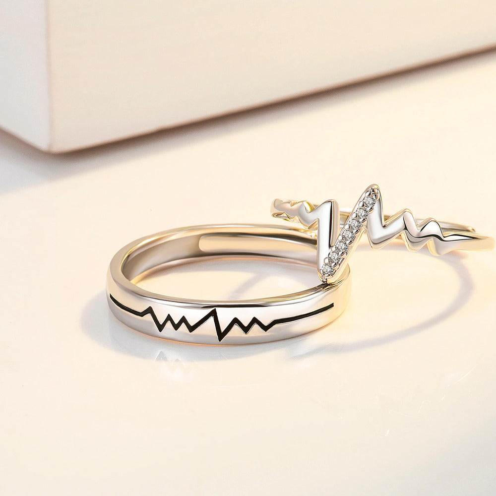 Jazz And Sizzle Set of 2 Silver Plated Heartbeat Adjustable Couple Ring for Valentines Gift