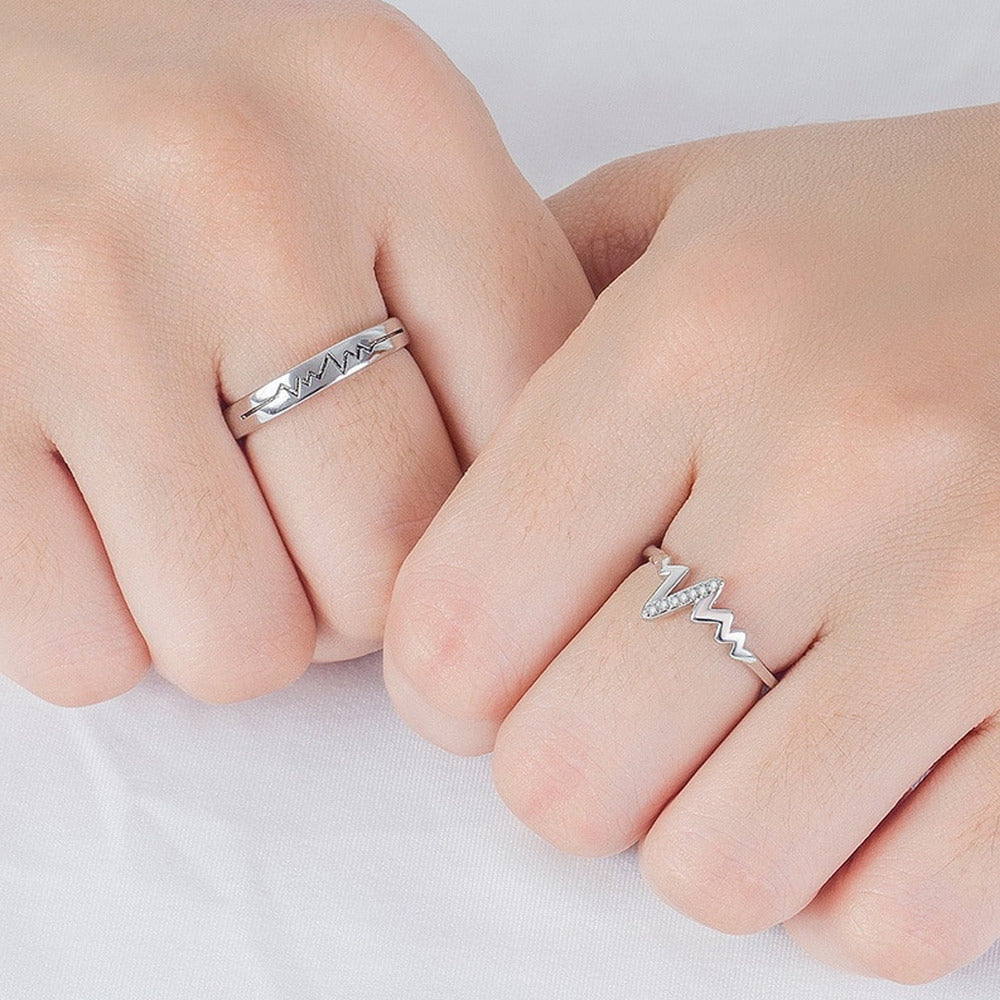 Jazz And Sizzle Set of 2 Silver Plated Heartbeat Adjustable Couple Ring for Valentines Gift