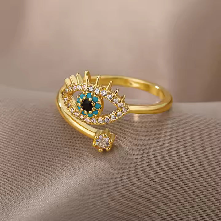 Jazz and Sizzle Gold Plated CZ Studded Evil Eye Adjustable Finger Ring