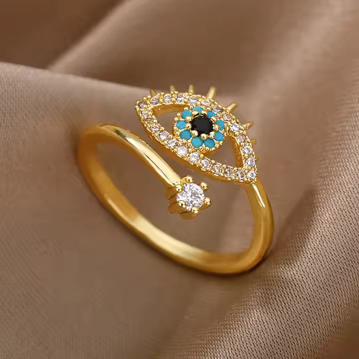 Jazz and Sizzle Gold Plated CZ Studded Evil Eye Adjustable Finger Ring